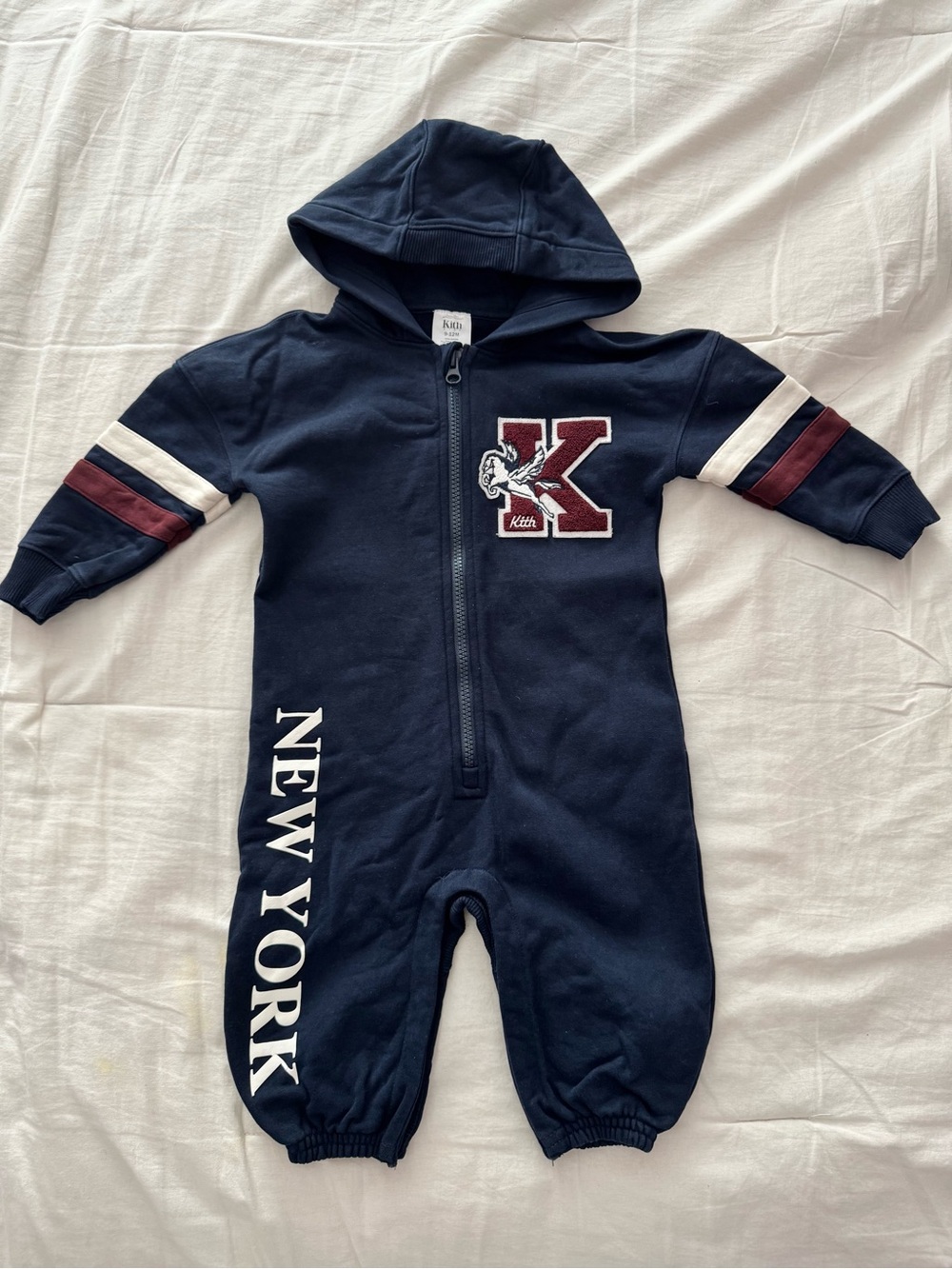 Baby Kith Navy Hooded One-Piece with Maroon & White Stripes
